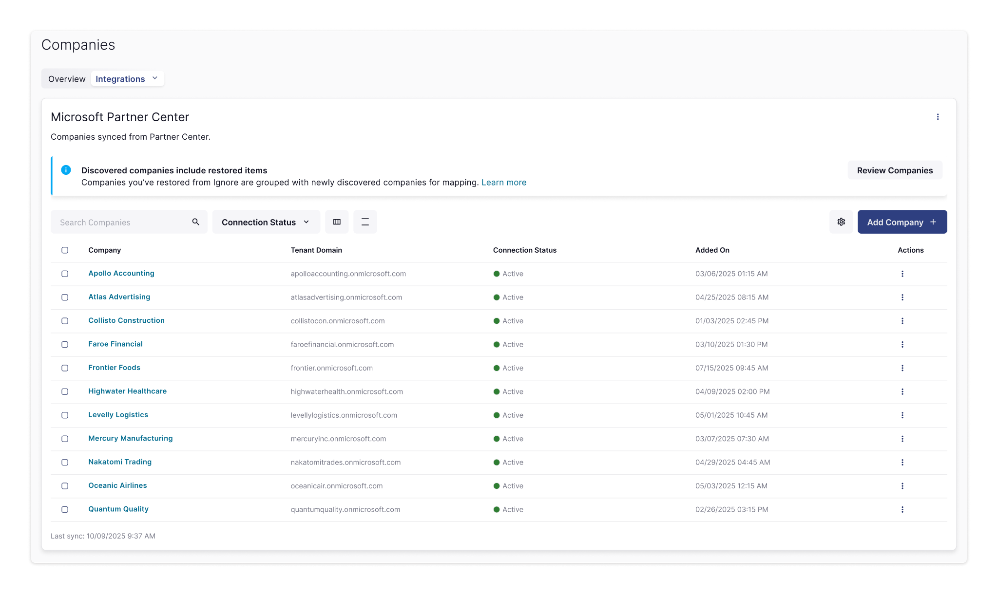 Companies screen in post-sync state